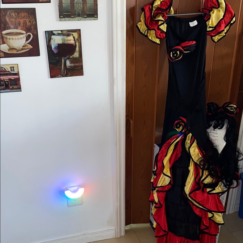 Flamenco Dancer Costume - Black, Red, Yellow with black wig